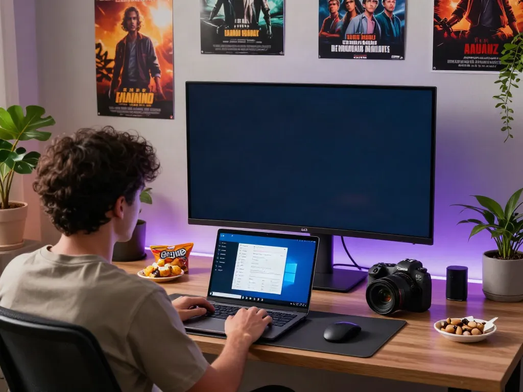 Pikashow for Windows streaming experience in a cozy home office with a large monitor and vibrant decor.