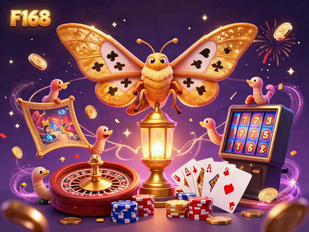 Experience the thrill of F168 with a vibrant 3D casino scene featuring a golden moth and casino elements.