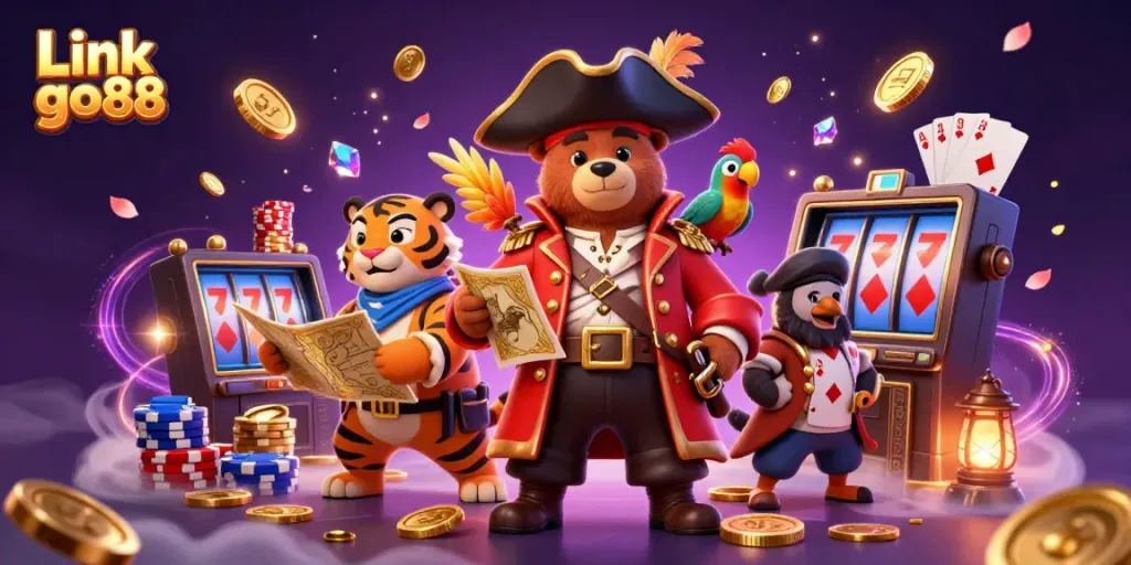 Engage with the vibrant world of Link go88 illustrated through a colorful casino adventure scene with pirate and tiger characters.