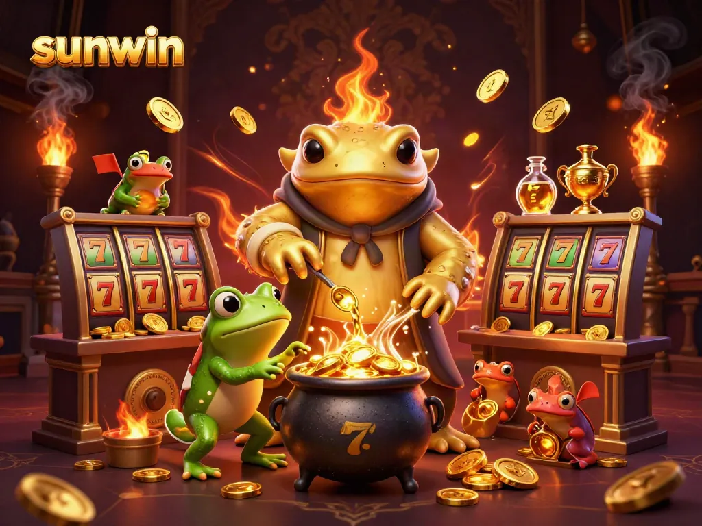 Experience golden jackpots at sunwin with a magical alchemist in a vibrant casino scene.