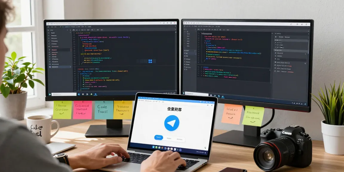 Setting up Telegram Chinese Version interface in a modern tech workspace, with dual monitors and colorful design elements.