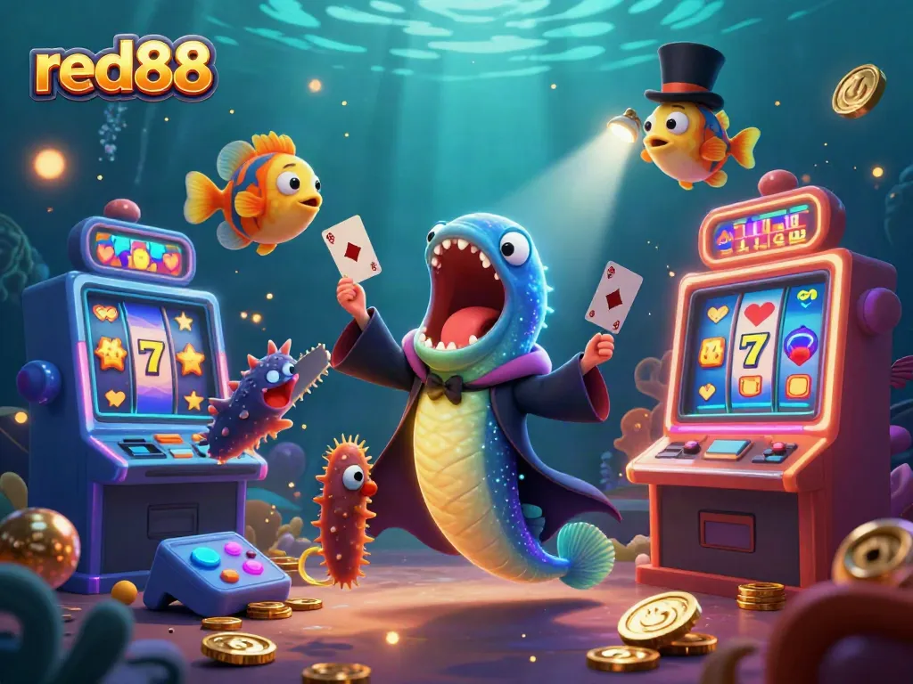 Join the excitement at red88 with a lively underwater casino scene featuring unique characters and vibrant slot machines.