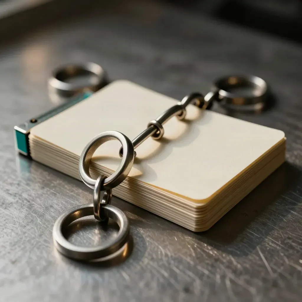 Macro van metalen ringen, blanco kaartjes en een tijdpons op geborsteld staal.
