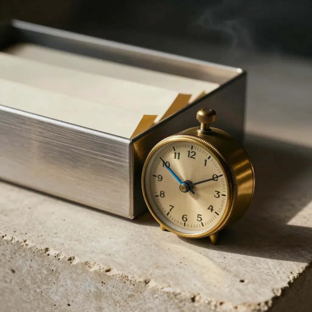 Brass timer en inboxbakje op steen, met gevouwen taaktags in zacht blauw licht.