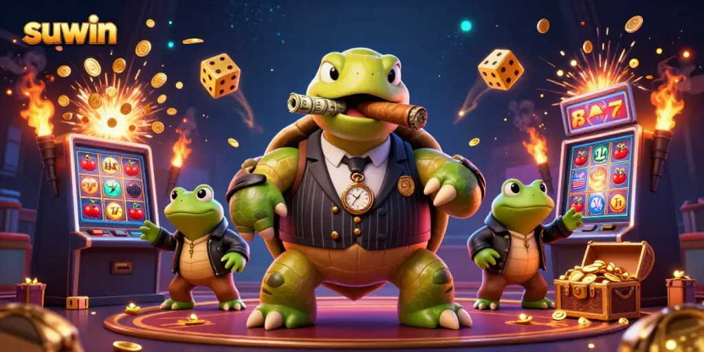 Suwin showcases a colorful casino scene with animated characters enjoying games and explosive jackpots.
