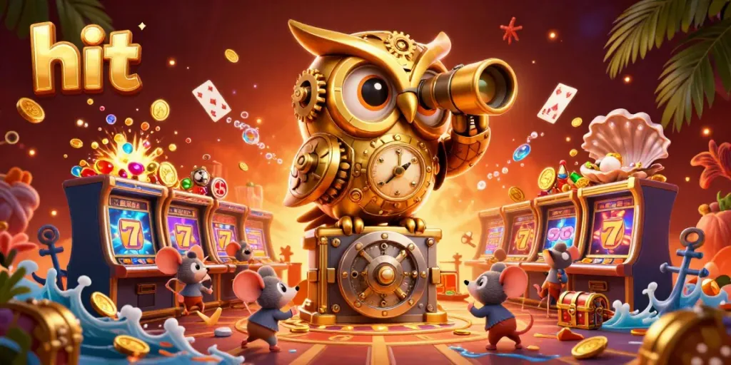 Hit the jackpot with animated casino scene showcasing a golden owl and playful mice.