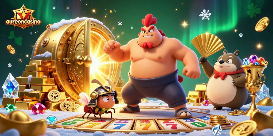 Aureoncasino brings excitement with a dynamic casino scene featuring colorful gaming elements and lively characters.